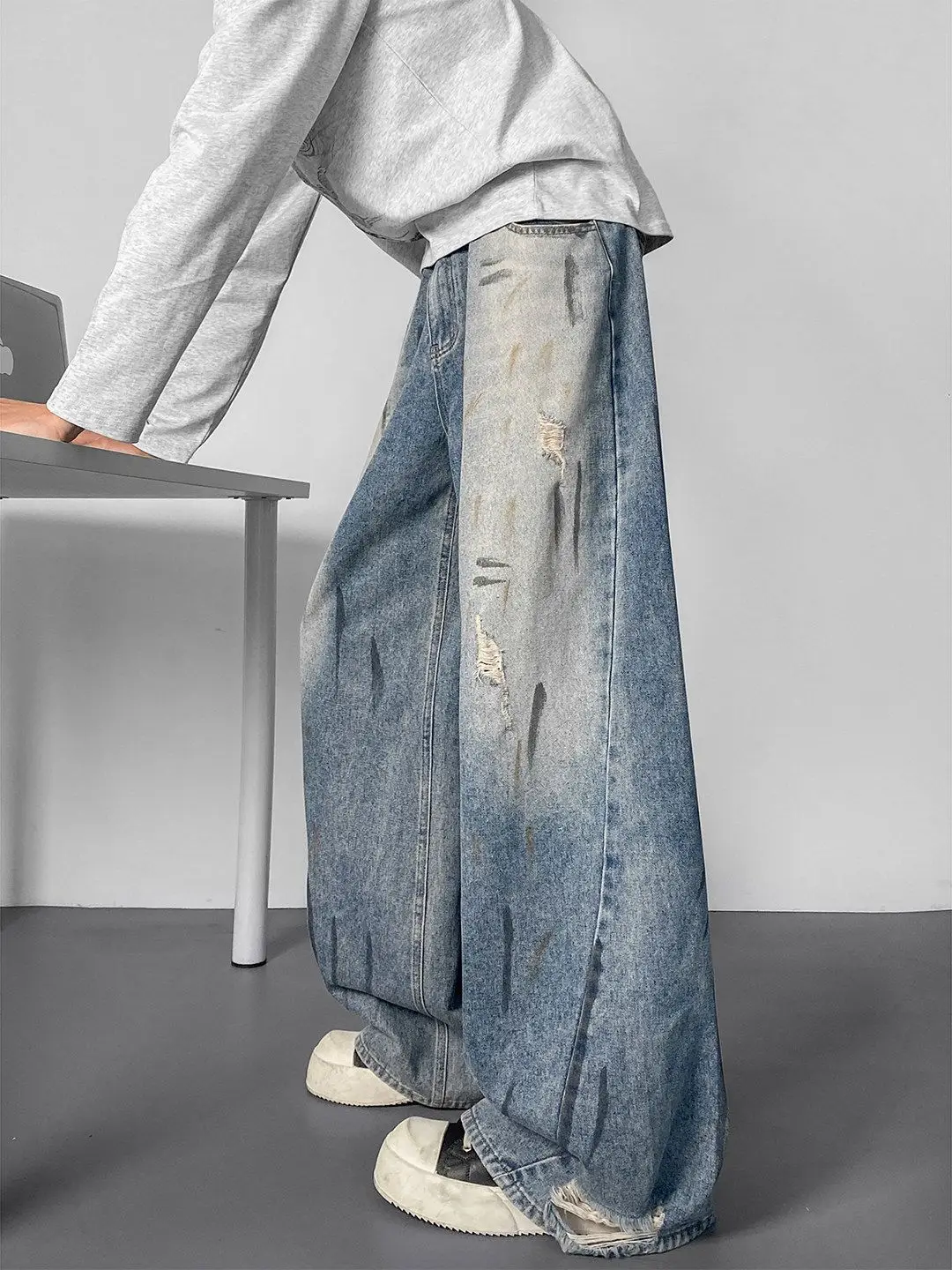 Men's Splashing Ink Graffiti Ripped Jeans Wide Leg Pants Summer Bottom Young Boy Casual Sweatpants Male High Waist Trousers