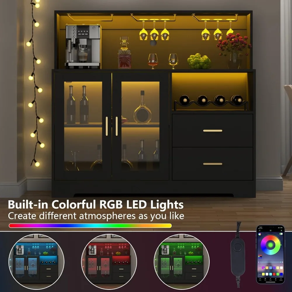 Armário de vinho com luz LED, Armário de café caseiro com cremalheira de vinho e vidro, Aparador Buffet de Cozinha