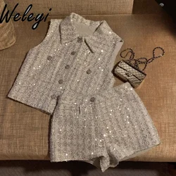 Spring and Autumn New Shinny Sequined Suit Ladies 2024 Elegant Women's Silver Transparent Sequined Vest Top All-Match Shorts Set