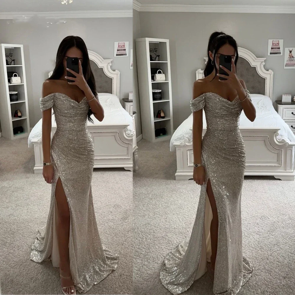 Bright Sequin Trumpet Prom Gowns Shiny Off Shoulder Prom Dress Flashing Sexy Side Split Fishtail Vestido De Novia فستان سهرة