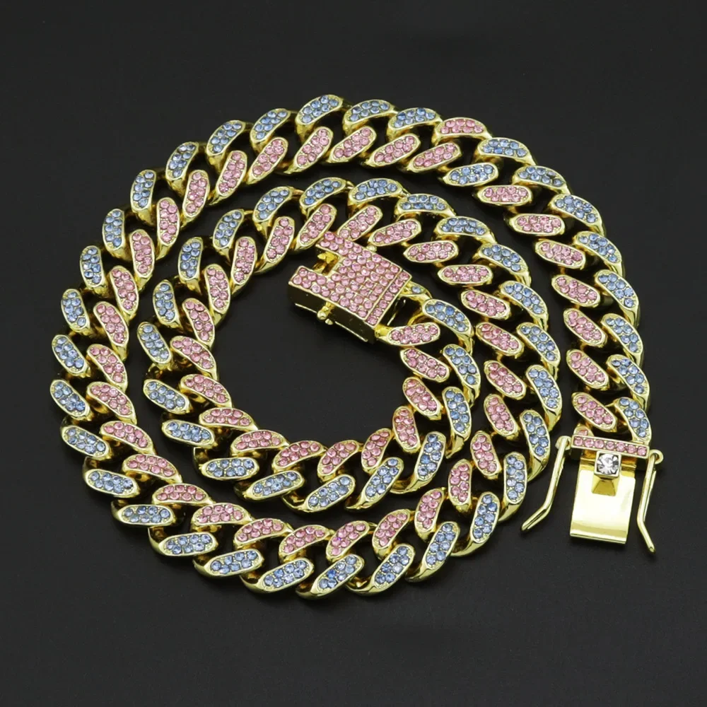 Iced Out Micro Paved Pink Blue Crystal Rhinestones Cuban Link Chain Choker Necklace Street Style Rapper Jewelry For Men Women