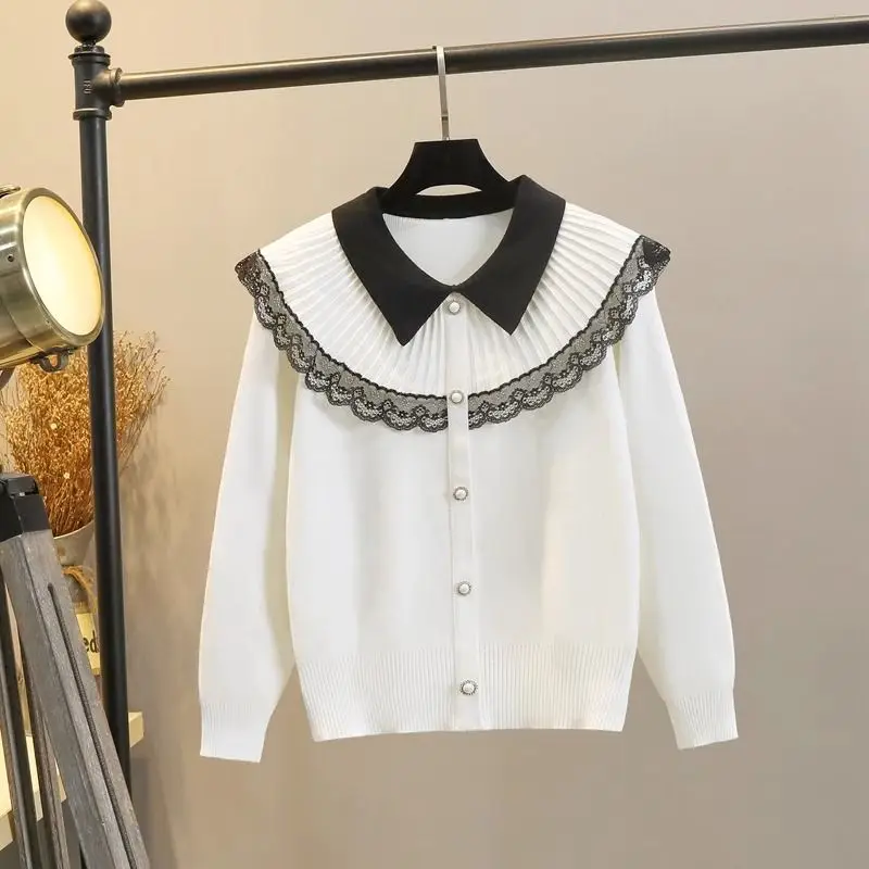 

Doll Collar Lace Trim Knitted Long Sleeve Autumn Winter New Fashionable Inner Wear Design Sweater Base Top