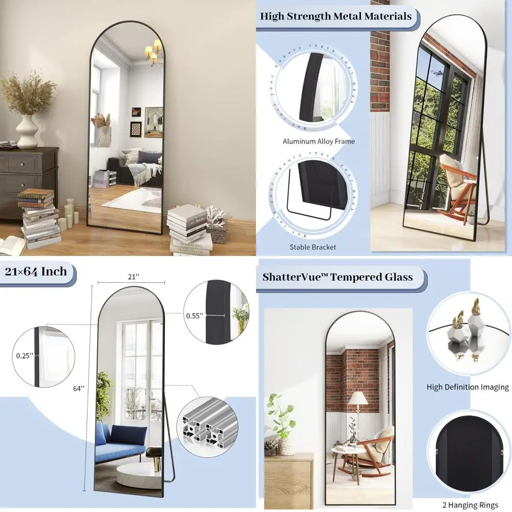 Espelho de corpo inteiro com parte superior arqueada, espelho de chão de 64 "x 21" para quarto, montado na parede ou inclinado, design de arco elegante