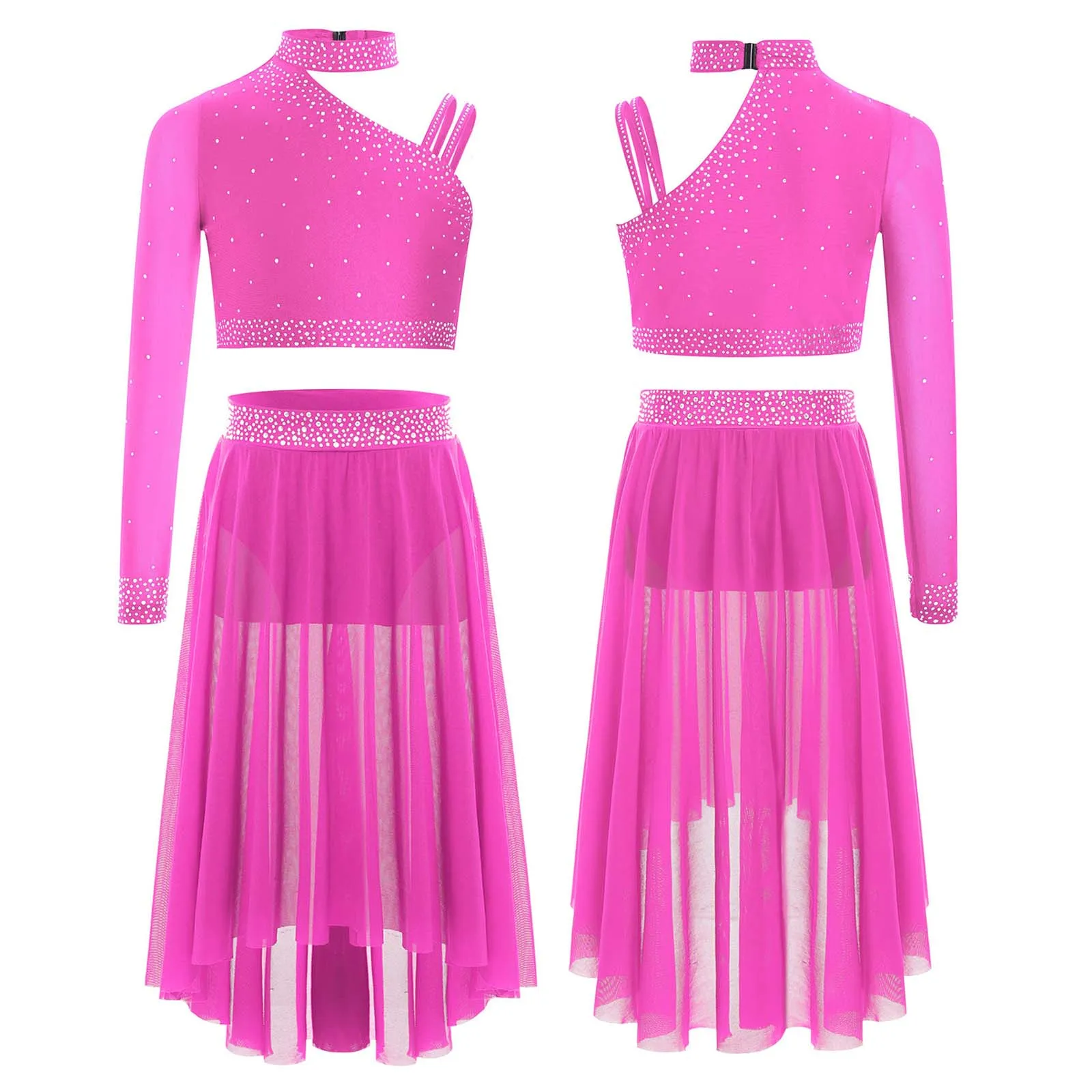 

Kids Girls Ballet Lyrical Dance Set Modern Contemporary Figure Skating Dancewear Rhinestones Long Sleeves Crop Top with Skirt