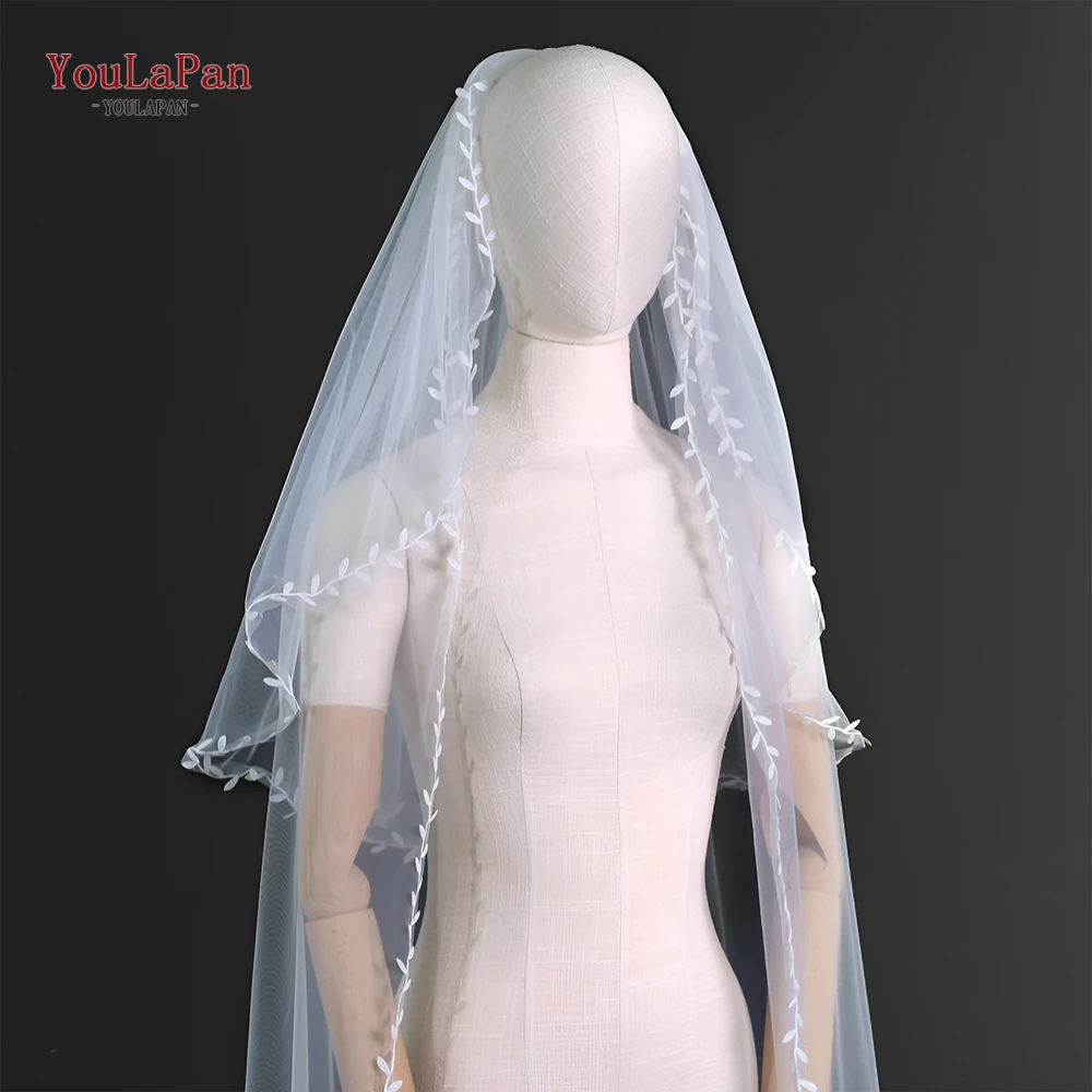 YouLaPan V141 2 Tiers Bridal Veil Elegant Wedding Veil with Blusher French Alencon Lace Cover Front and Back Oval White Bride