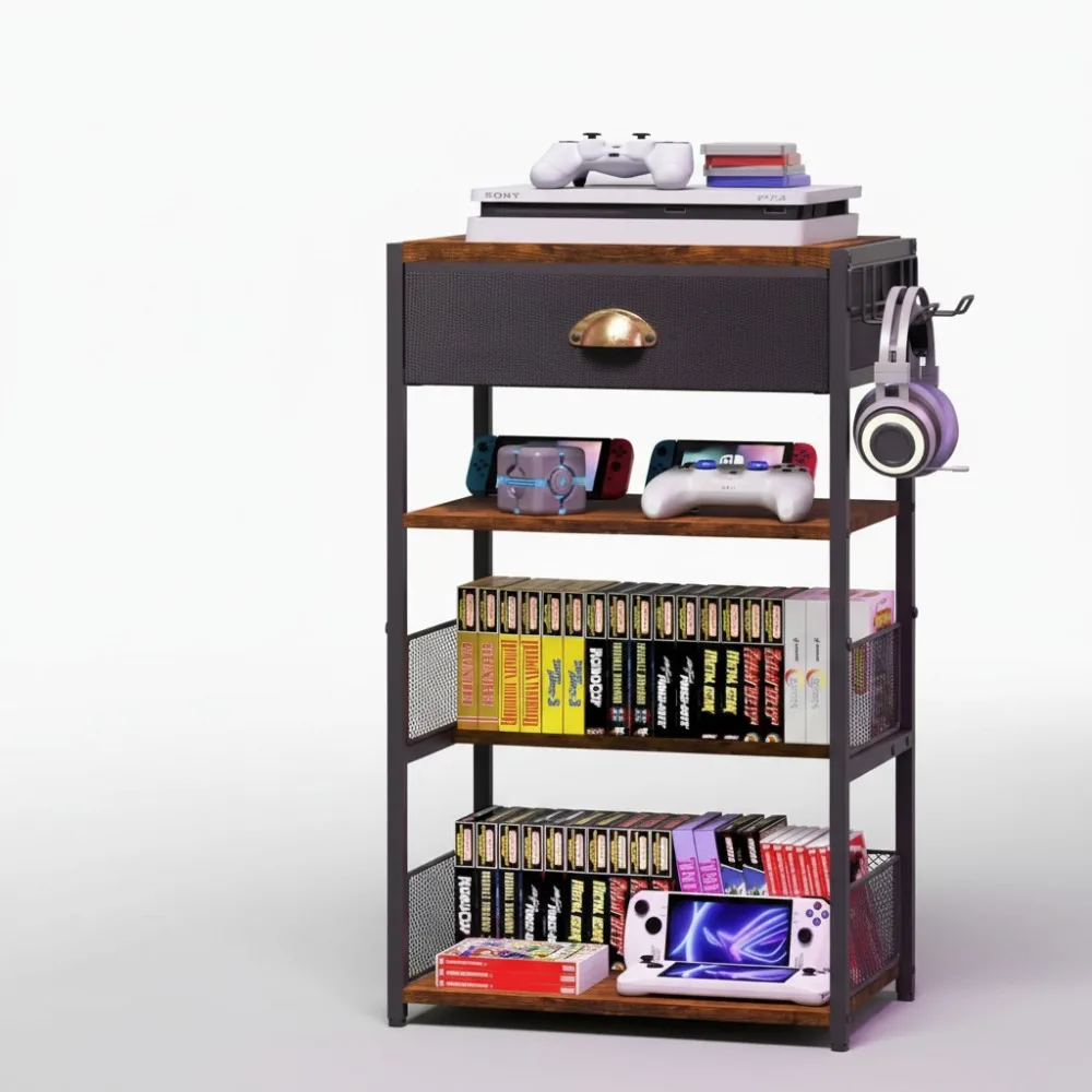

4-уровневая медиа-подставка с выдвижным ящиком и крючками, полка для игровой консоли для хранения PS5/Xbox/Switch/DVD/проектора