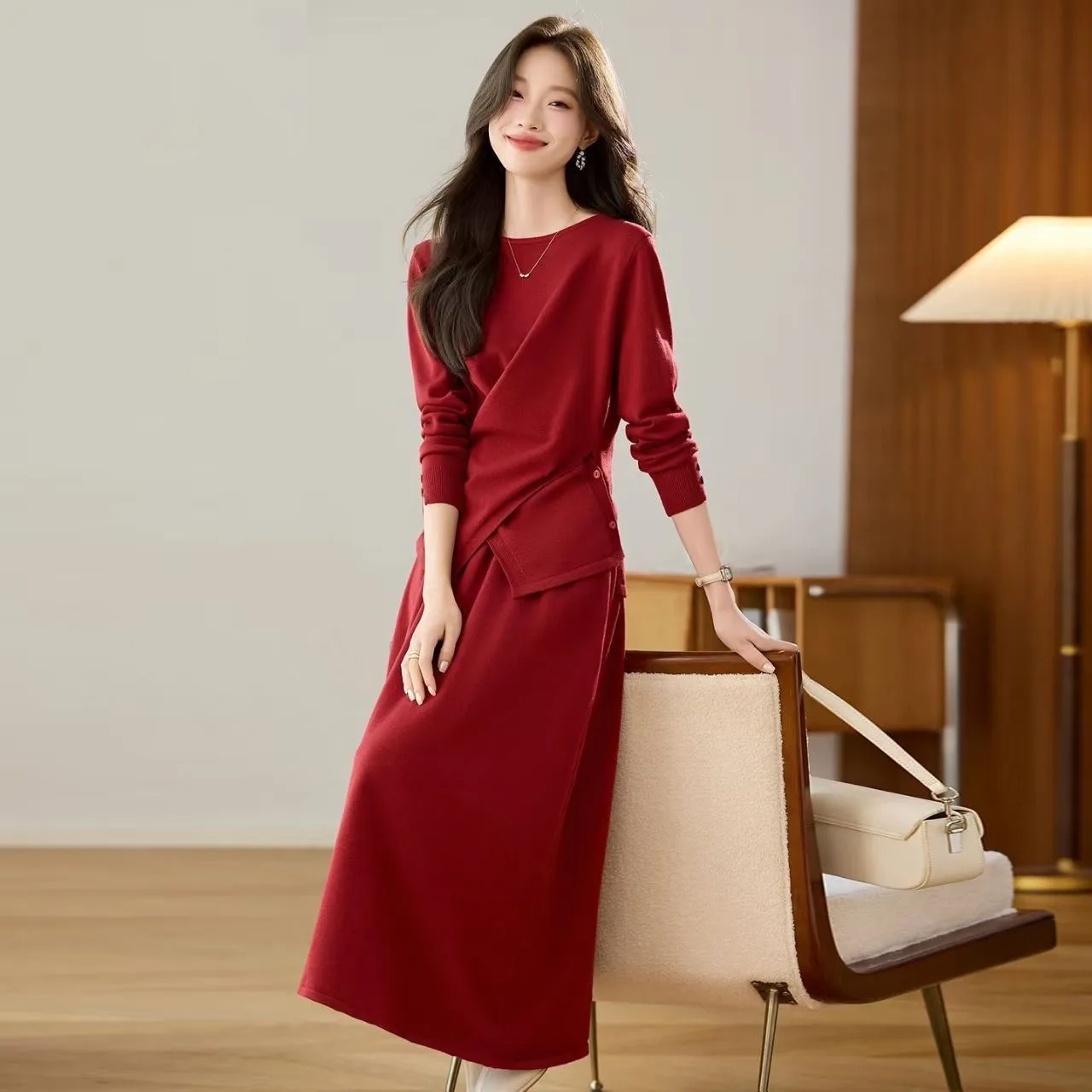 

Осенние элегантные шерстяные комплекты свитеров, однотонная юбка и топы, зима 2025 года, винтажное повседневное вязаное женское облегающее платье-свитер