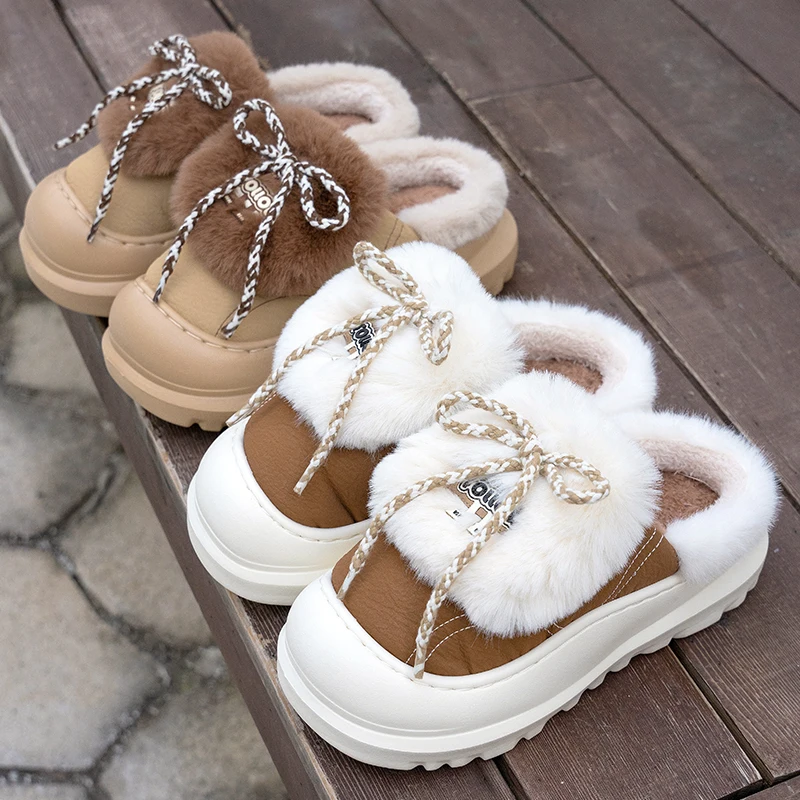 

Winter Thick Bottom Plush Women's Slippers Cute Lace Up Bowknot Fluffy Platform Slippers Woman Non Slip Furry Indoor House Shoes