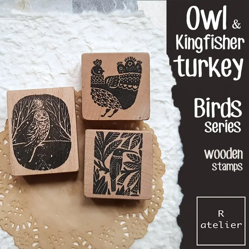 Stamp Cute Owl King Fisher Turkey 6 Type Bird Wooden Stamps DIY Scrapbooking