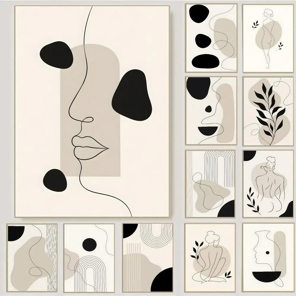Nordic beige minimalist line figure collage Poster Waterproof Sticky Wall Art Print For Bedroom Living Room Hallway Home Decor