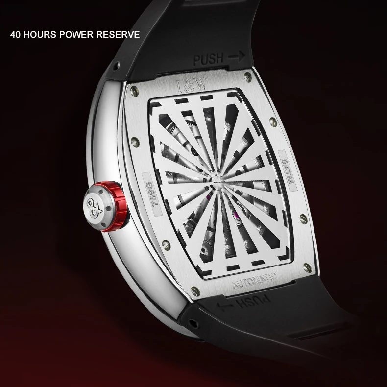 I&W Men Automatic Watch Luxury 43*51mm Tonneau Mechanical Wristwatch 50m Waterproof Luminous Hollow Out Dial Zircon Bezel
