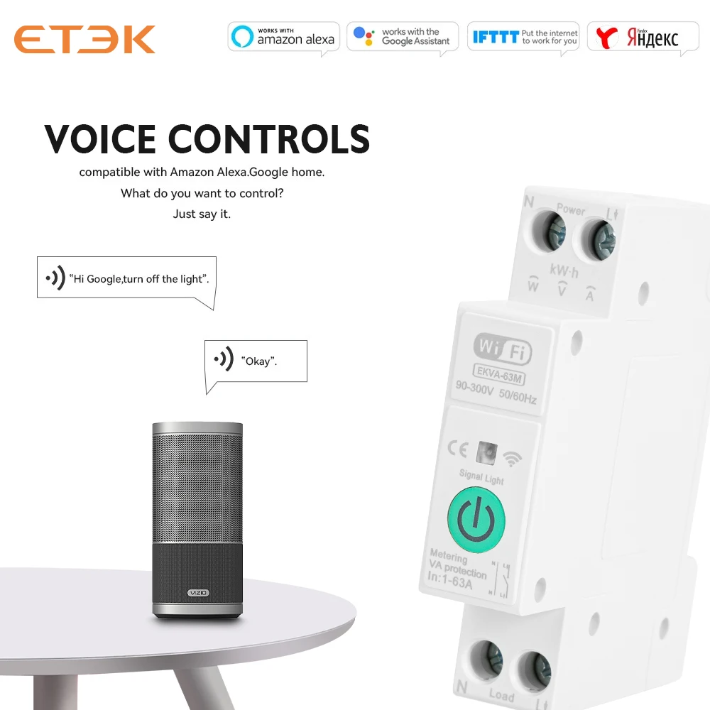 ETEK Tuya WiFi Smart Switch 1P+N 63A 90-300 Voltage Timer Power Energy kWh Voltage  Voice Remote Control Circuit Breaker