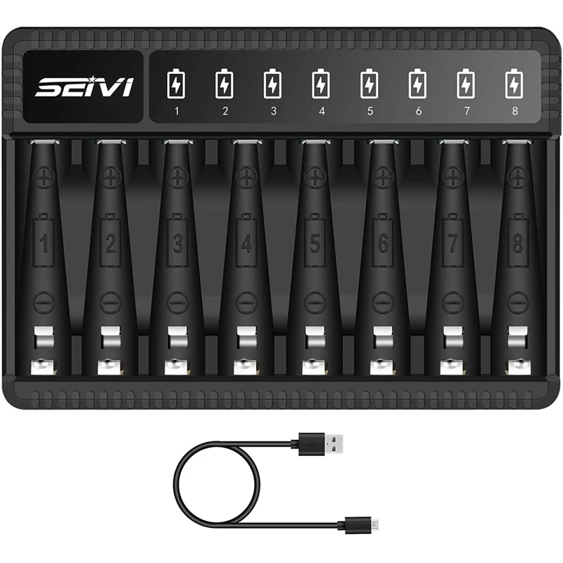 SEIVI 8 Bay Individual AA AAA Battery Charger (USB High-Speed Charging) For Ni-MH Ni-CD Rechargeable Batteries