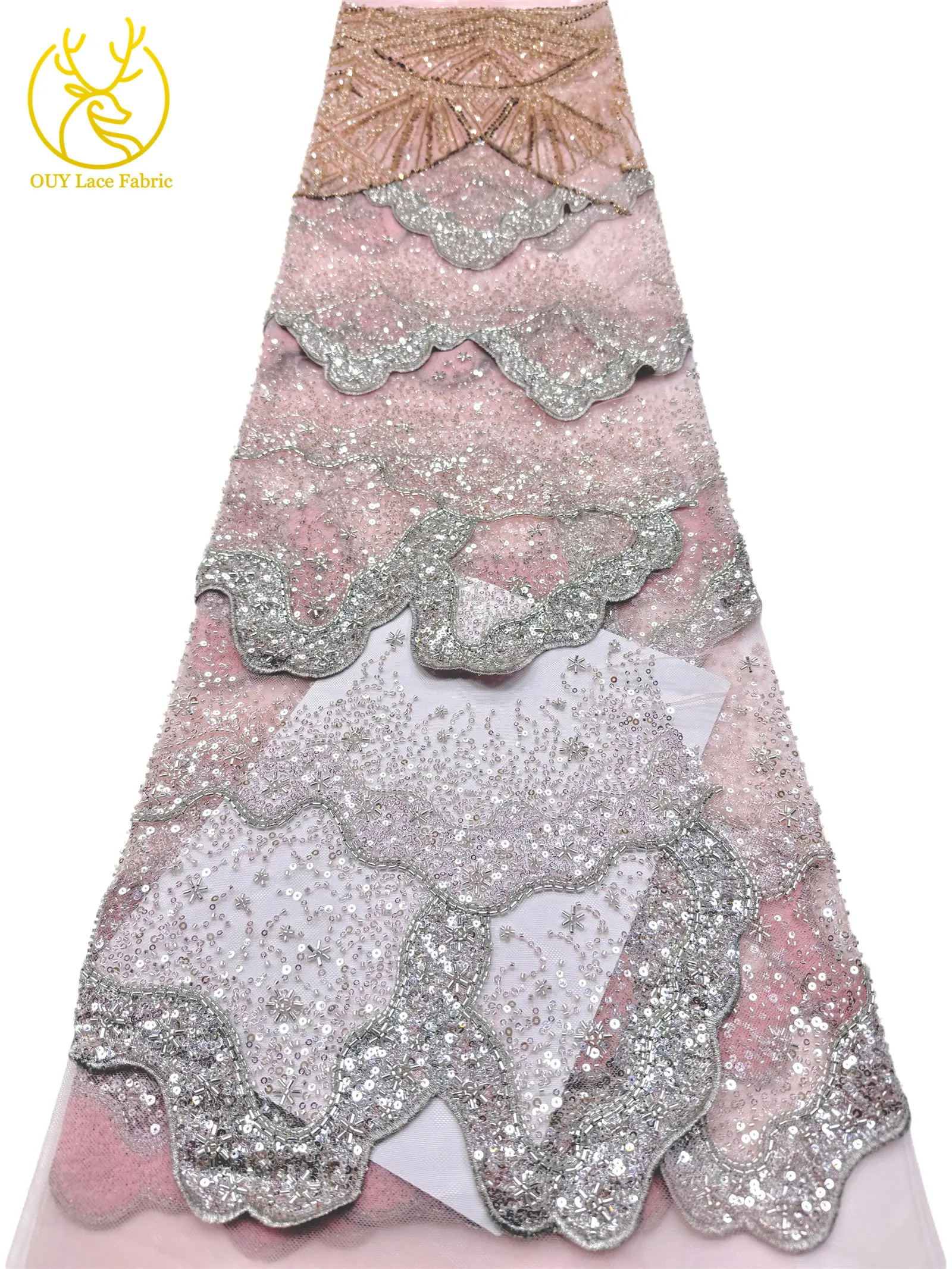 Goldene luxuriöse nigerianische 3D handgefertigte DIY-Stickerei-Spitze, afrikanische Perlen-Pailletten-Spitze für Damen, Hochzeitskleid, Partykleid, zum Nähen – Detail 12