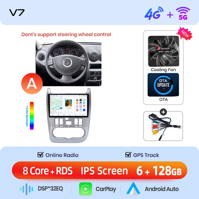 Junsun draadloze CarPlay Android Auto autoradio voor Dacia / Renault Logan 1 & Sandero 1 & Duster 1 2004-2015 met ingebouwde koelventilator, Android GPS navigatie, multimediaspeler, WiFi, DSP, RDS,