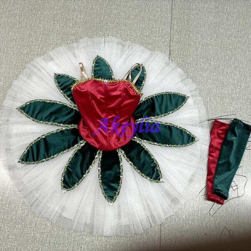 

Akeylia Christmas ballet tutu with sleeves professional tutu performance pancake tutu red green customized competition BLST20122