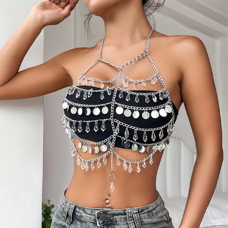 Summer Festival Multi Layered Drop Tassel Halter Bead Harness Bralet Sequin Disc Body Chain Crystal Jeweled Top