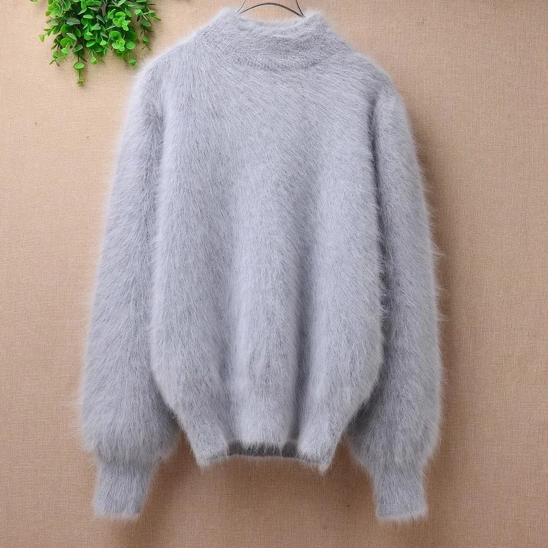 

Ladies Women Spring Winter Grey Hairy Mink Cashmere Knitted Turtleneck Long Lantern Sleeves Slim Blouses Pullover Angora Sweater