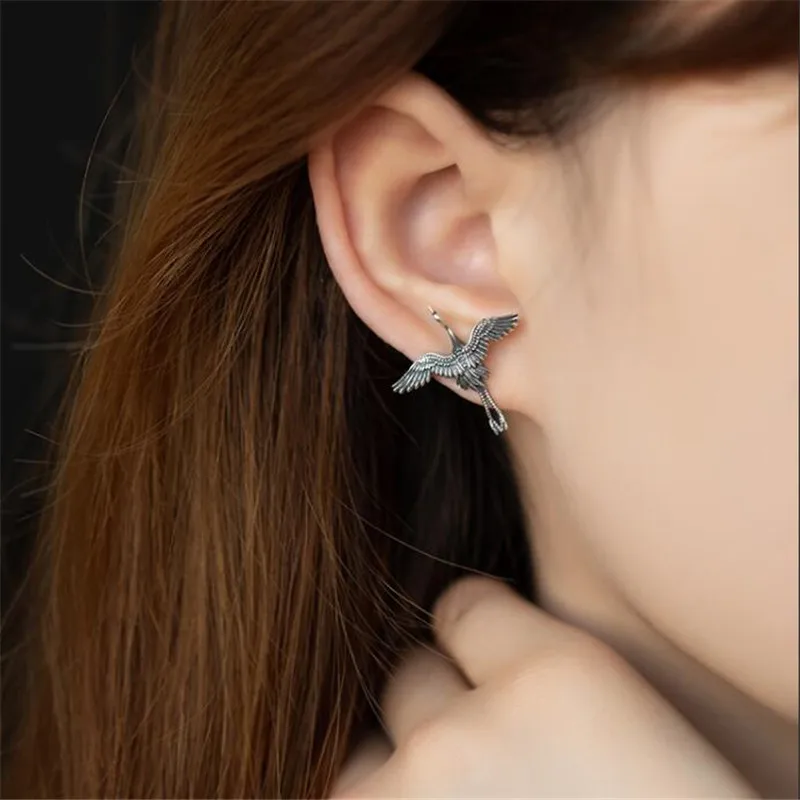 925 Sterling Silver Vintage Art Fashion Flying Crane Birds Thai Silver Stud Earrings For Women Girl Pendientes TYB160