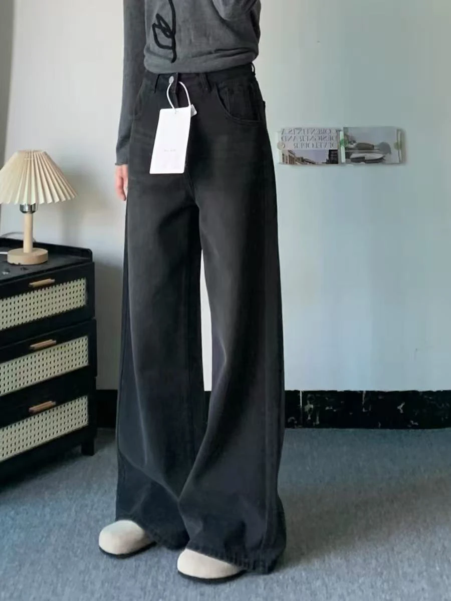 

High Waist Straight Leg Jeans plus Size Black Denim Spring Summer Women's Loose Fit Floor Length Trousers Pear Shape Body