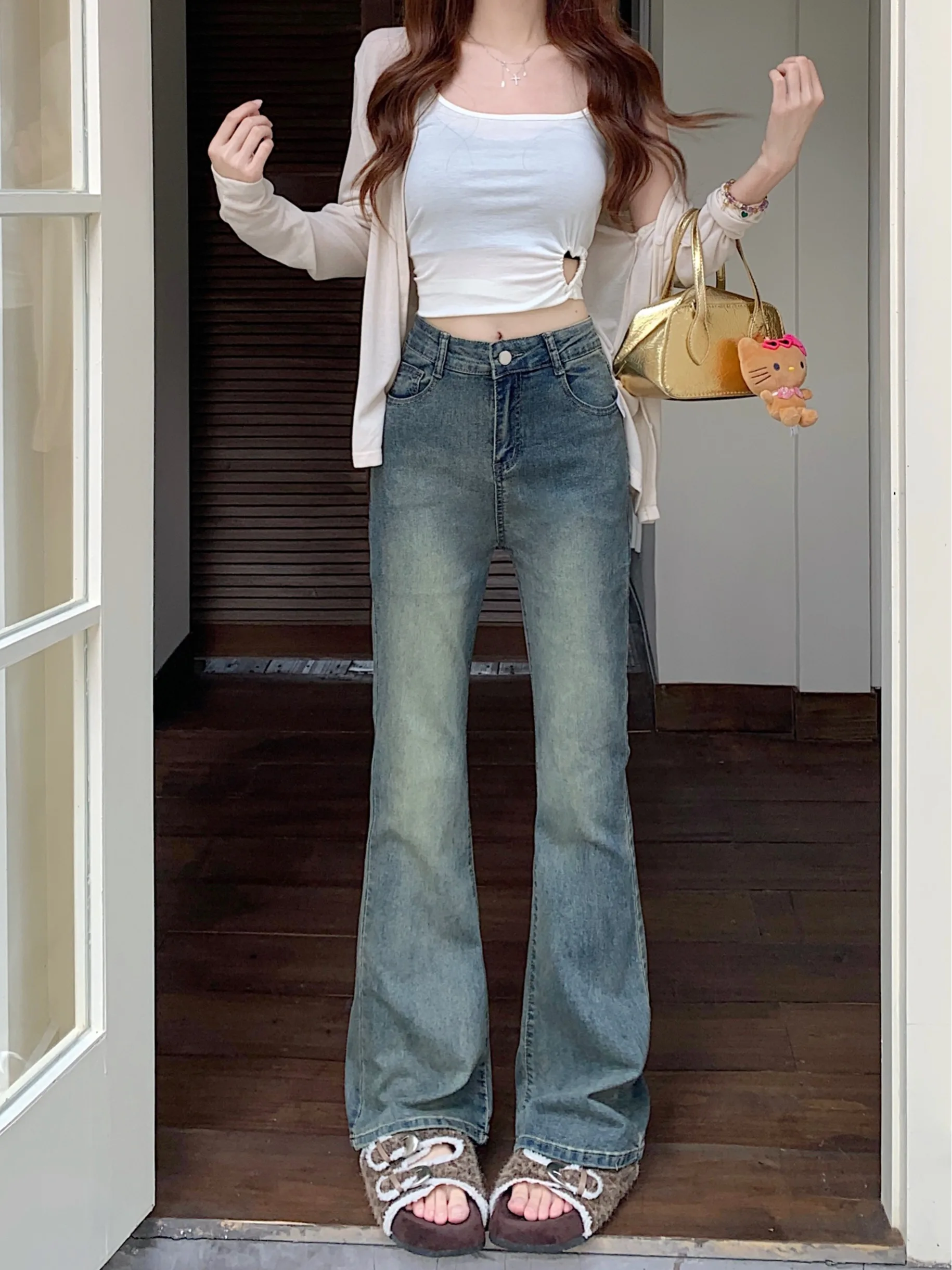 

Retro Distressed Flared Jeans Women's Slimming Long Pants High Waist Zipper Casual Style Winter Collection Ladies Fashion