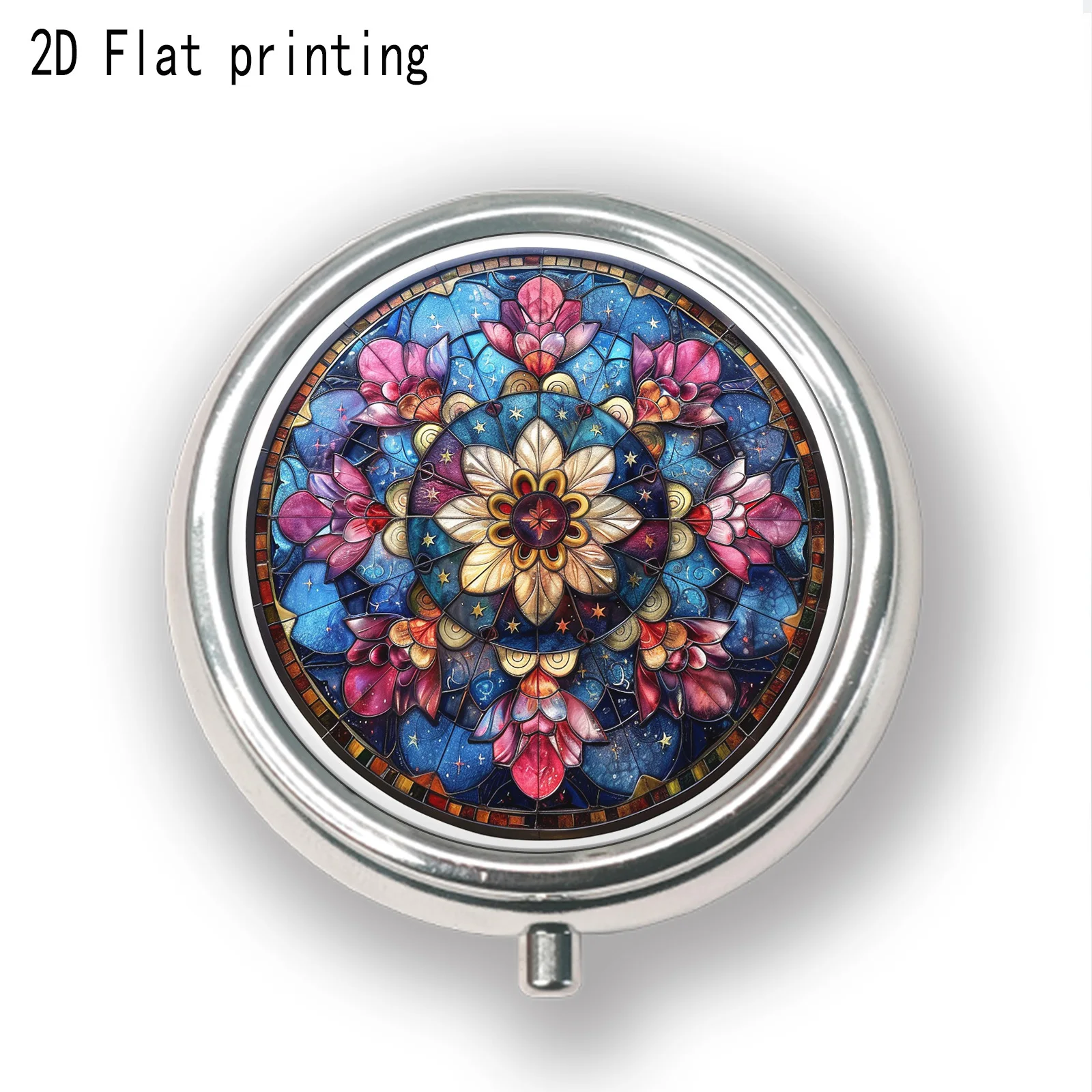Single-piece, flat-printed, colorful floral stained glass decorative pattern portable three-compartment pill box, convenient storage, compact accessory box, portable safety box, suitable for all seasons, flat design