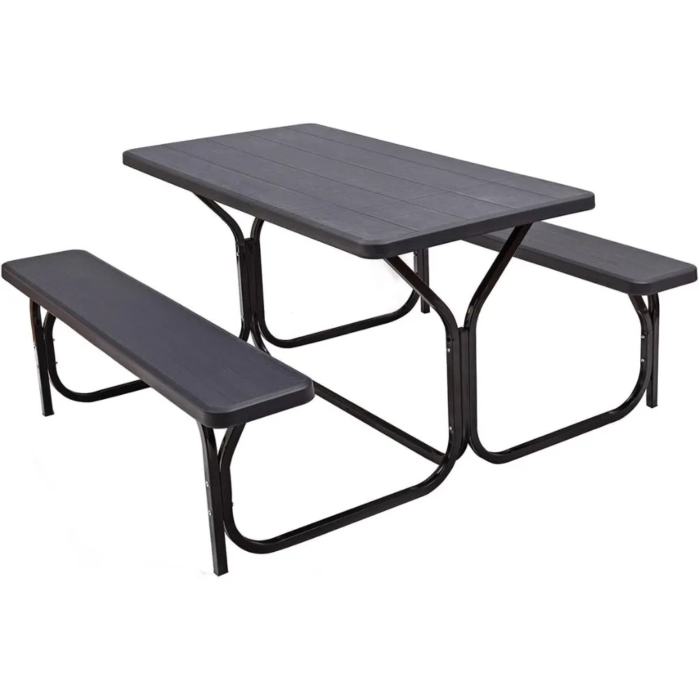 

Picnic Bench Set Outdoor Camping All Weather Metal Base Wood-Like Texture Backyard Poolside Dining Party Garden Lawn Deck.