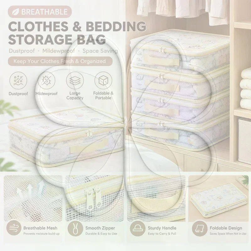 1/4Pcs Large Capacity Mesh Zipper Storage Bag - Clothing Household Bedding Four Piece Set Storage Bag, Clothing Organizing Box