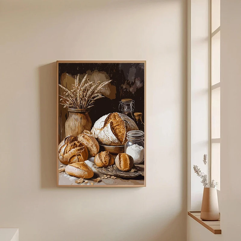 Bread Still Life Vintage Poster Kitchen Food Loaves Baguettes Canvas Printing Rustic Retro Wall Art Picture Farmhouse Home Decor