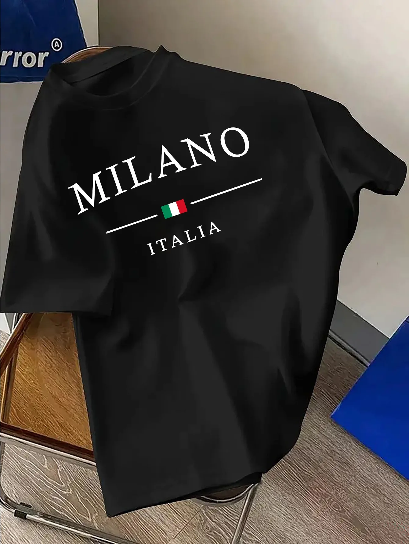 Men's 100% Pure Cotton Casual Loose Plus Size Fashionable MILANO ITALIA Printed Round Neck Short Sleeved T-shirt Top