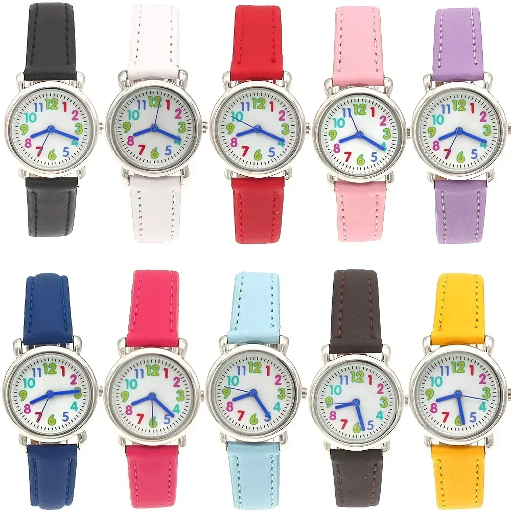 10Pcs Kids Quartz Wristwatch Classic Style Fashion Leather Strap Boys And Girls Student Dial Watches