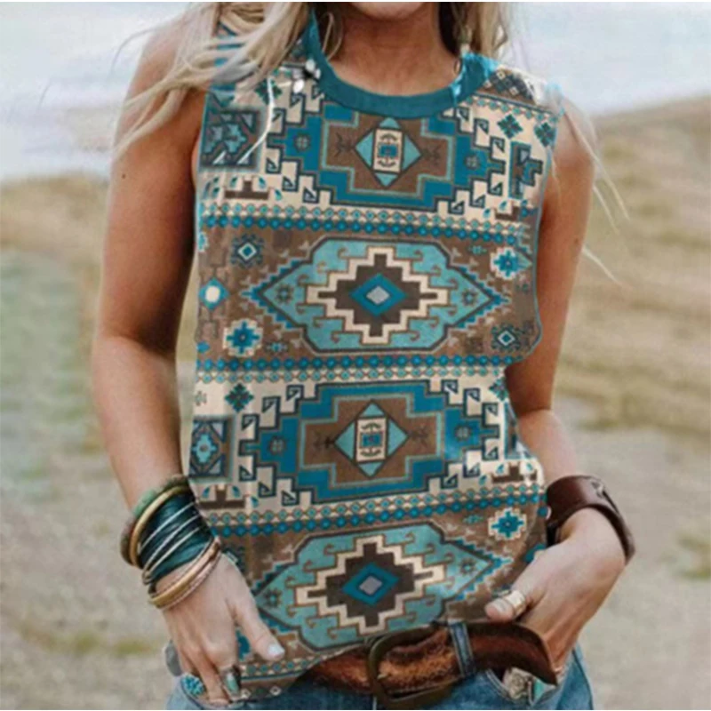 Western Style Tank Tops Geometry 3D Print Summer Fashion Women O-Neck Vest Off Shoulder Y2k Sleeveless Camisole Woman Clothing