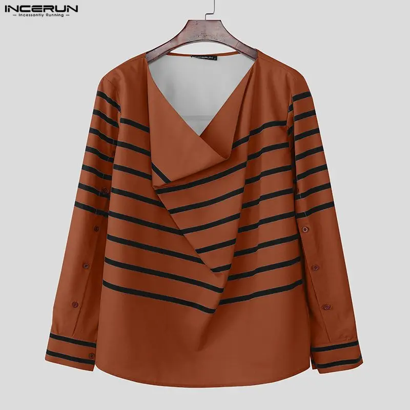 

INCERUN Men Striped Shirt Long Sleeve Hollow Out Boat Neck Men Clothing Streetwear Loose 2026 Fashion Casual Tops Camisas S-3XL