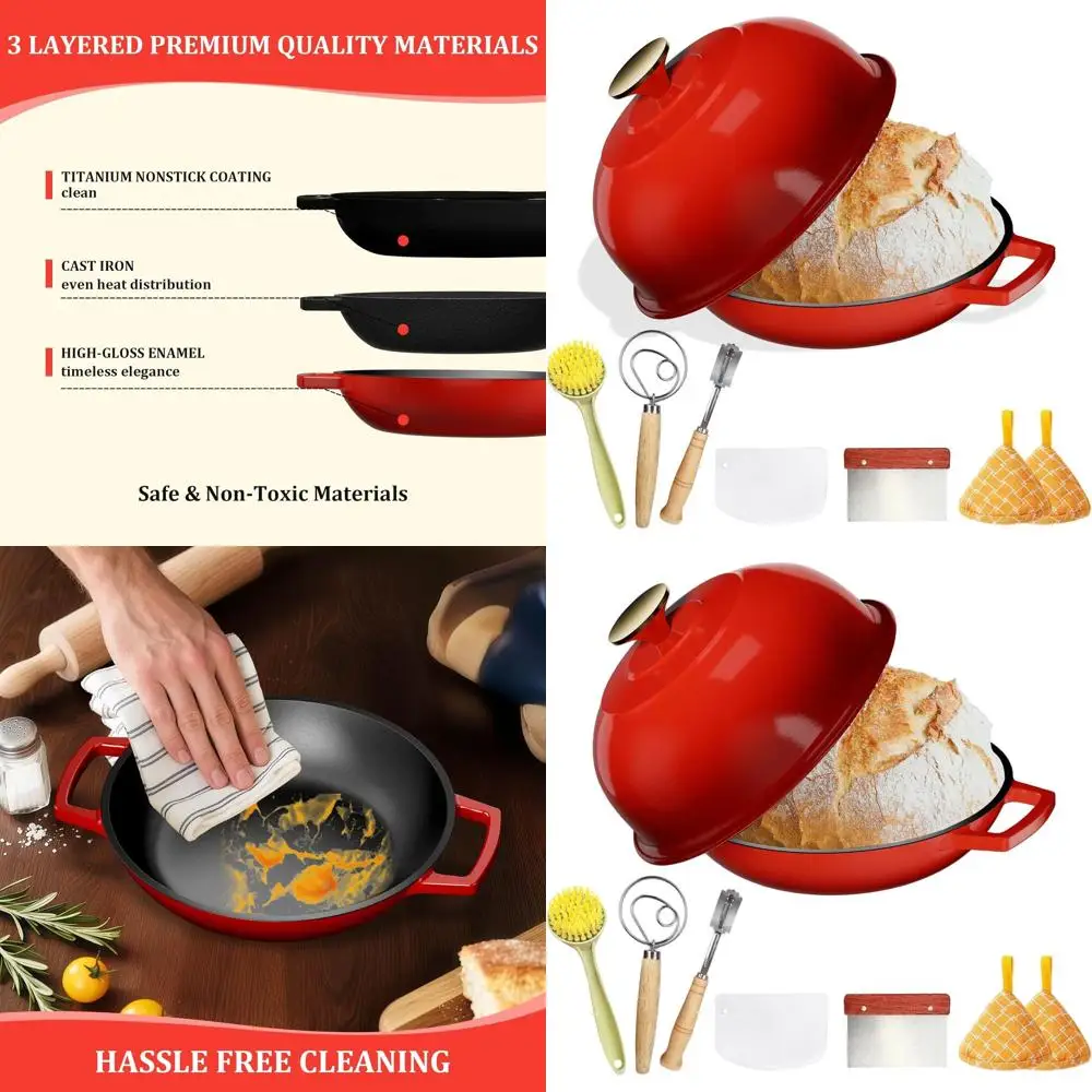 

Эмалированная чугунная голландская духовка, хлебопечка на 5 литров с купольной крышкой, безопасная для духовки до 500 ° F, Perfect Crust, Classic Red