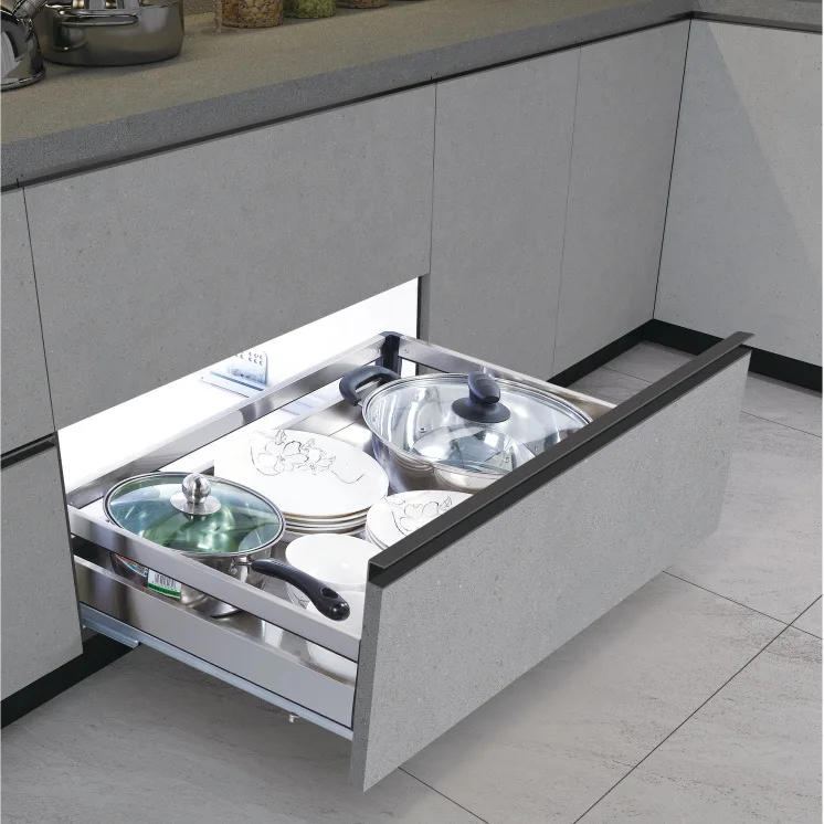 Kitchen cabinets, stainless steel pull-out baskets, dishes, storage, seasoning baskets,