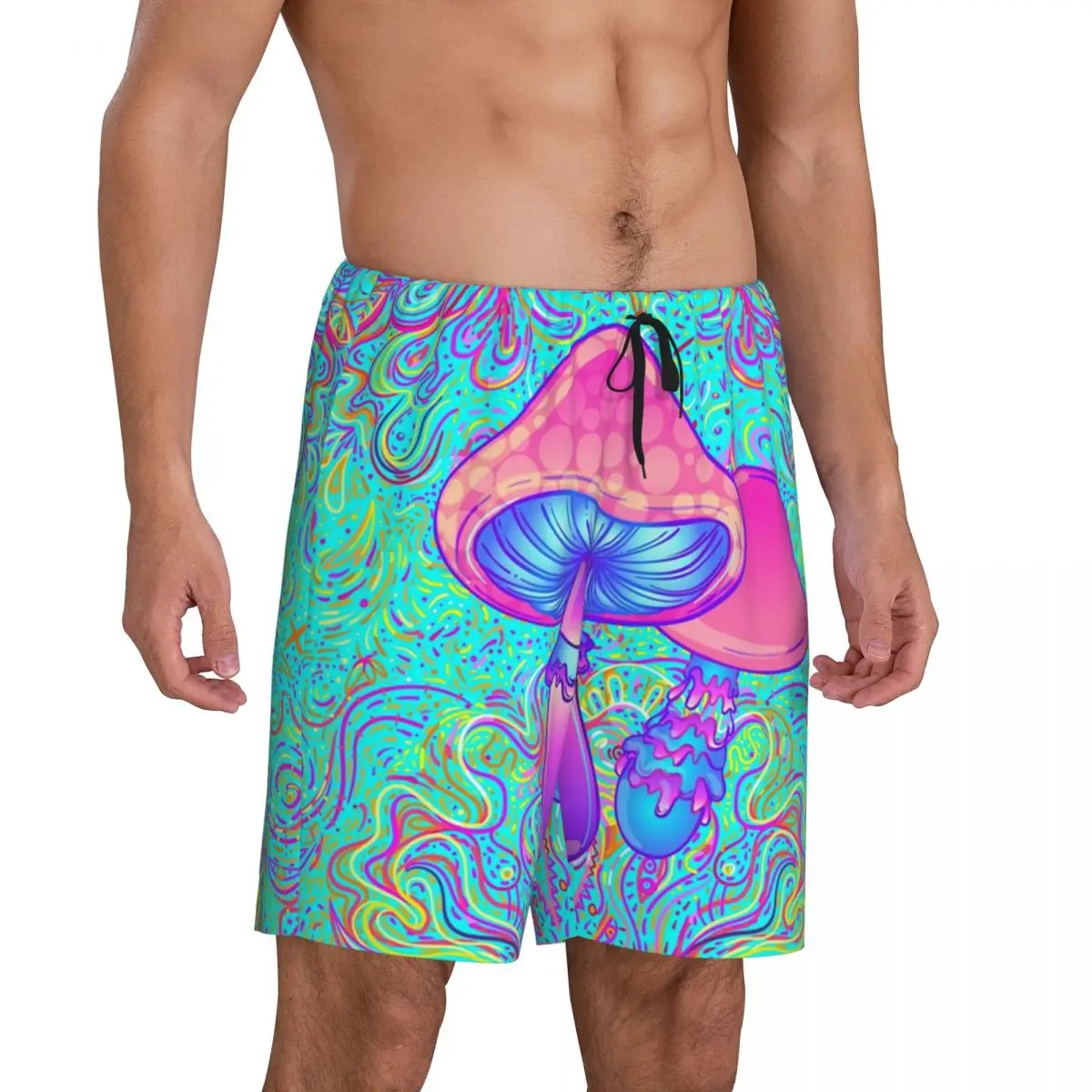 Custom Print Men's Magic Mushroom Trippy Psychedelic Neon Pastel Goth Pajama Shorts Sleep Pjs Sleepwear Bottoms with Pockets