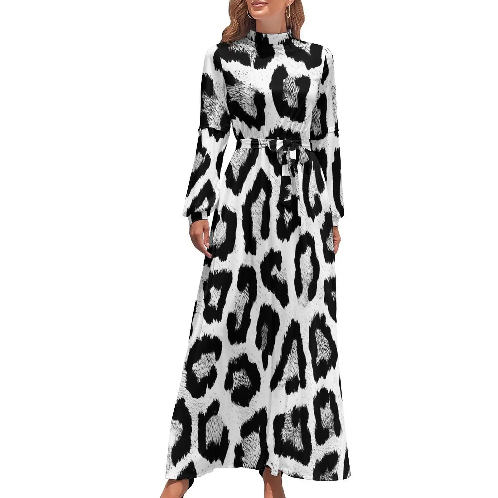 Black And White Leopard Print Dress  Casual Beach Dresses Female Long Sleeve High Neck Vintage Long Maxi Dress