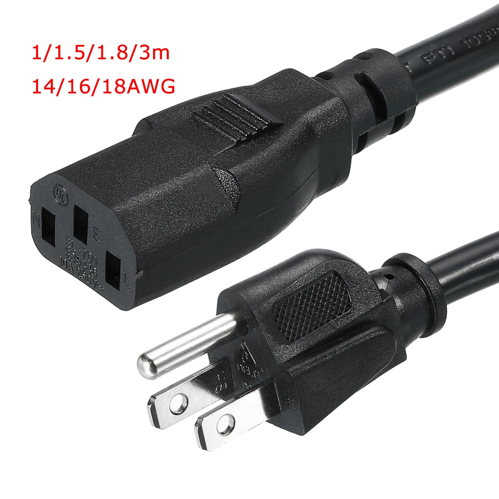 New 1-3meter 3 Prong 14/16/18AWG AC Power Cord US Plug AC Cable NEMA 5-15P to C13 Female for Laptop TV Computer Printer Monitor