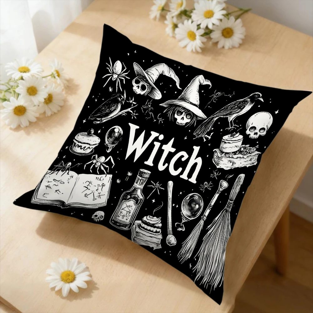 1Pc Halloween Witch Cushion Cover Black Skull Spider Broomstick Pillowcase For Home Sofa Bed Decorative Throw Case Soft Fabric
