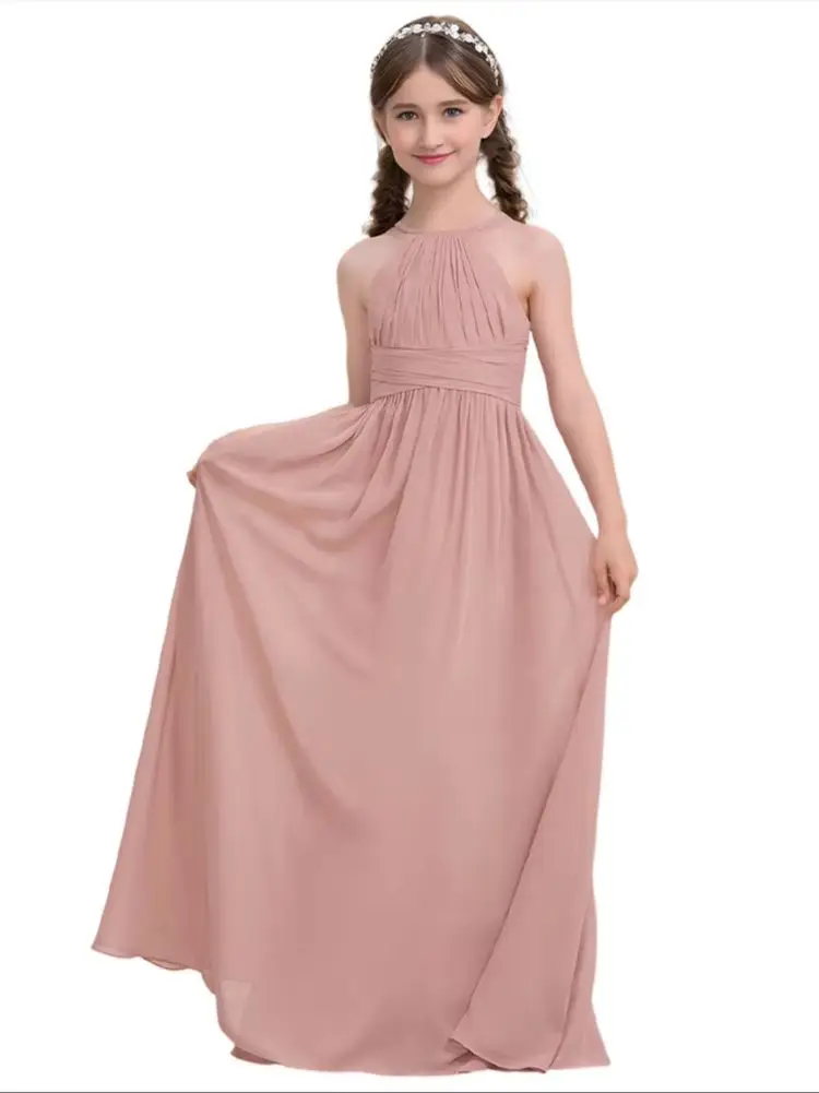 

HGF Kids Halter Junior Bridesmaid Dress Flower Girl Dress Floor Length Chiffon Sacred Communion Gown Girls Wedding Party Formal