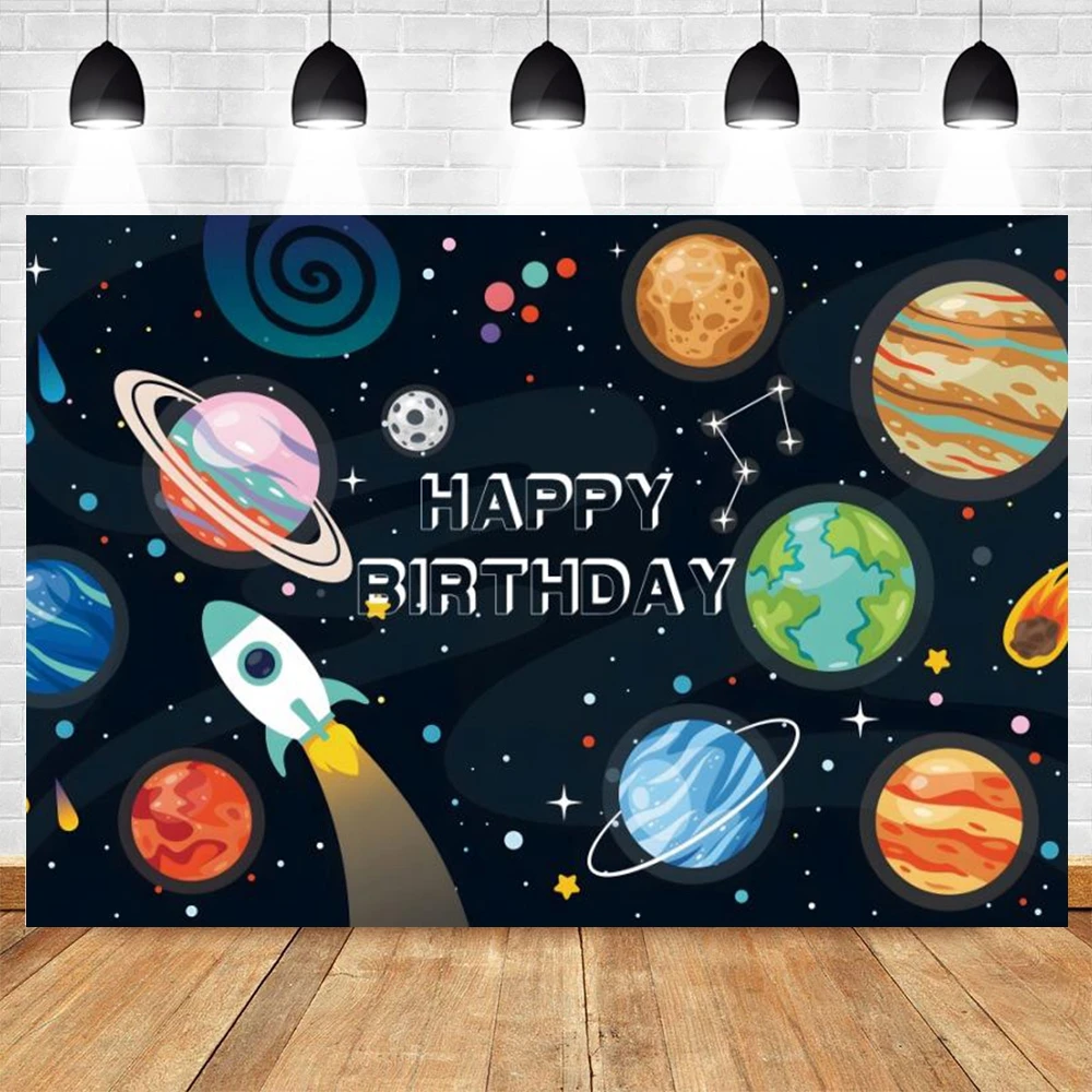 Cartoon Space Universe Planet Theme Happy Birthday Background Cloth Party Decoration Banner Boy\'s Gift Photography Background