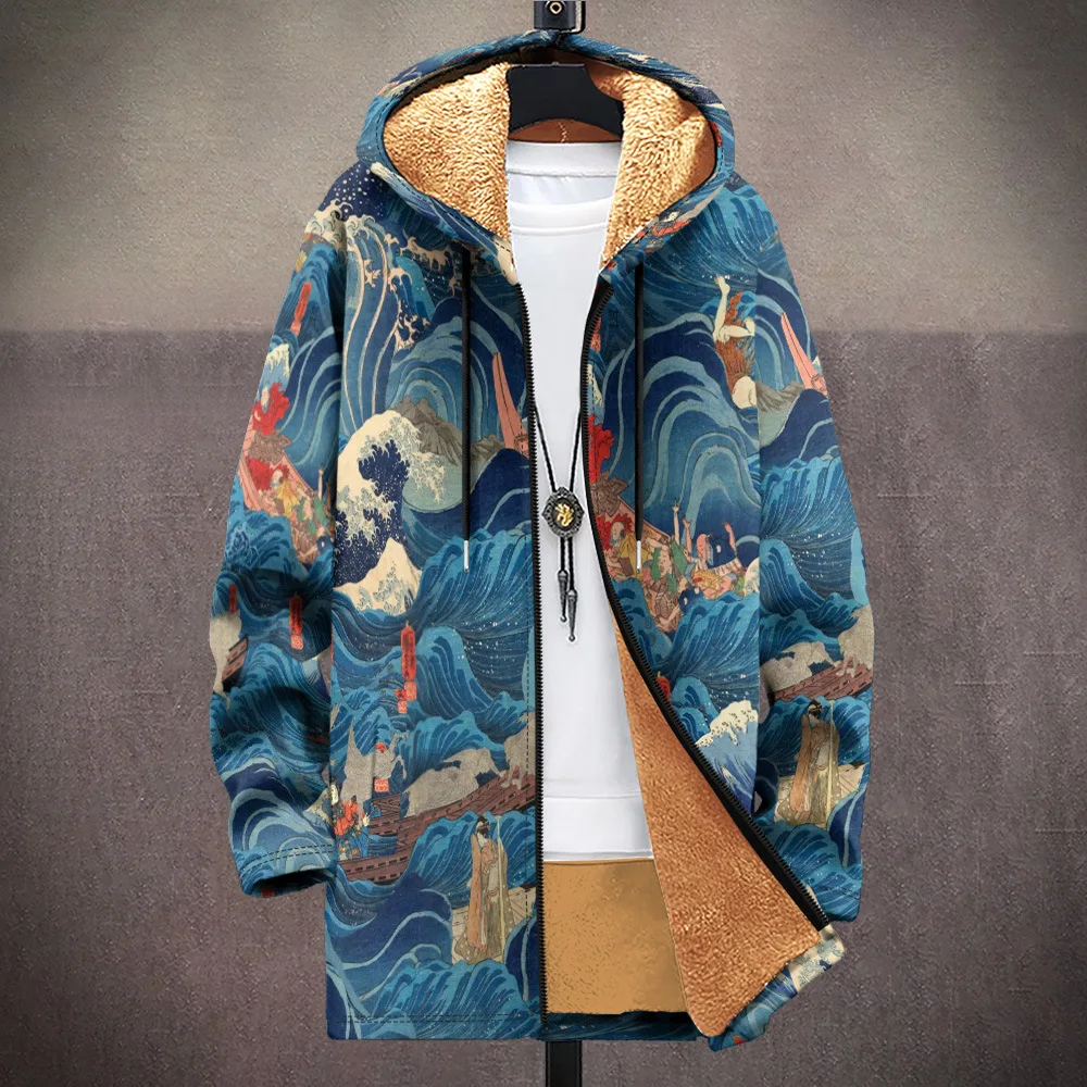 Men Cardigan Coats Blue White Porcelain Art Graphics Printed Chinese Style Plush Thick Winter Jackets Casual Streetwear Clothing