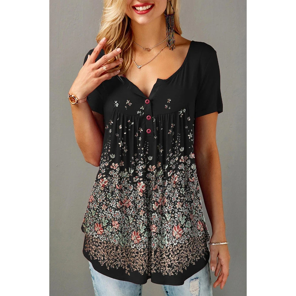 Plus size verão manga curta preto floral impressão botão detalhe blusa liquidação