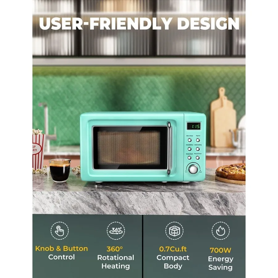 فرن ميكروويف ريترو مدمج لكونترتوب المطبخ 0.7 قدم مكعب صغير الحجم مع وظيفة تذويب 5 مستويات طاقة 8 طبخ تلقائي Pr