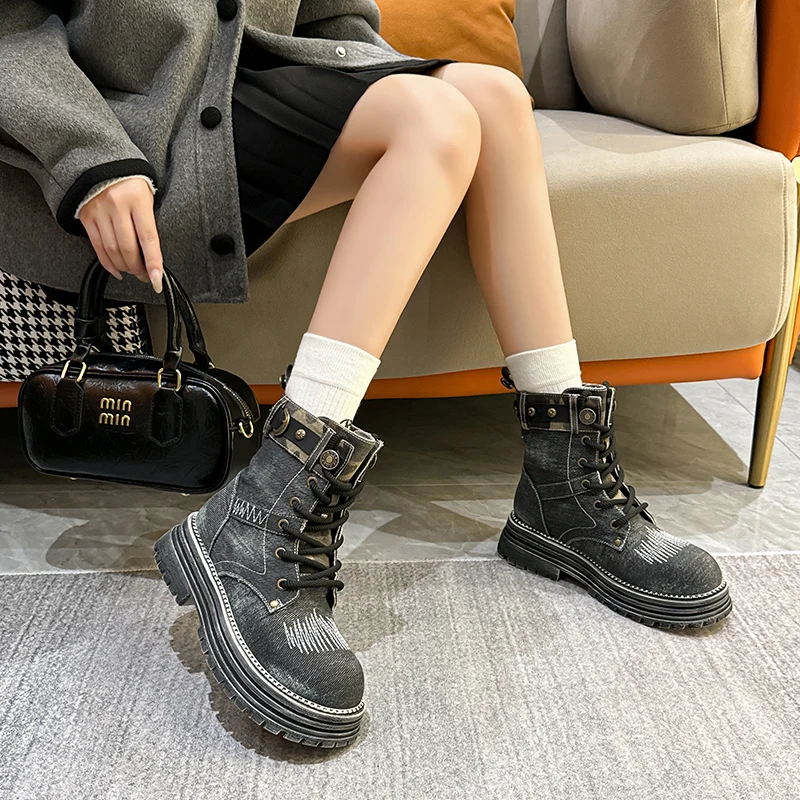 Autuspin New Arrival Women Military Boots Retro Denim Desert Short Boot High Quality Thick Bottom Flats Platform Female Booties