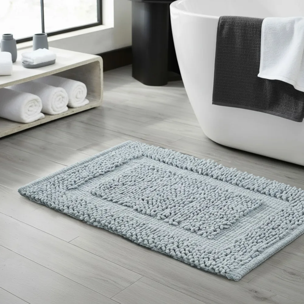 

Ultra-Plush Skid Resistant Bath Mat - 27x45 Inch Cotton Chenille Rug for Cozy Bathrooms, Light Blue