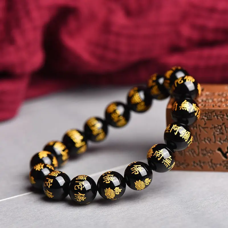 Natural Red and Black Agate Namo Amitabha Bracelet for Men and Women Couple‘s Jewelry Lucky Bless Buddha Beads Fine Hand String