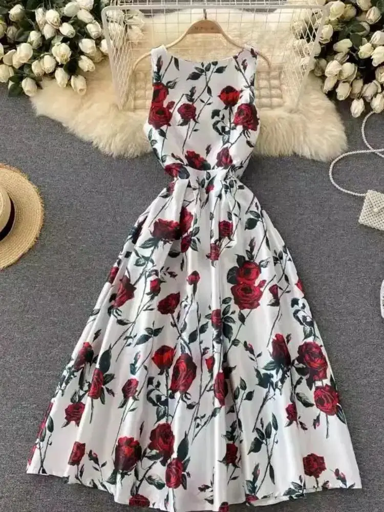 

Elegant Sleeveless Rose Printed Midi Dresses Fashion Tank Slim Waist Ball Gown Vestidos Office Lady Pocket Vest Party Clothes