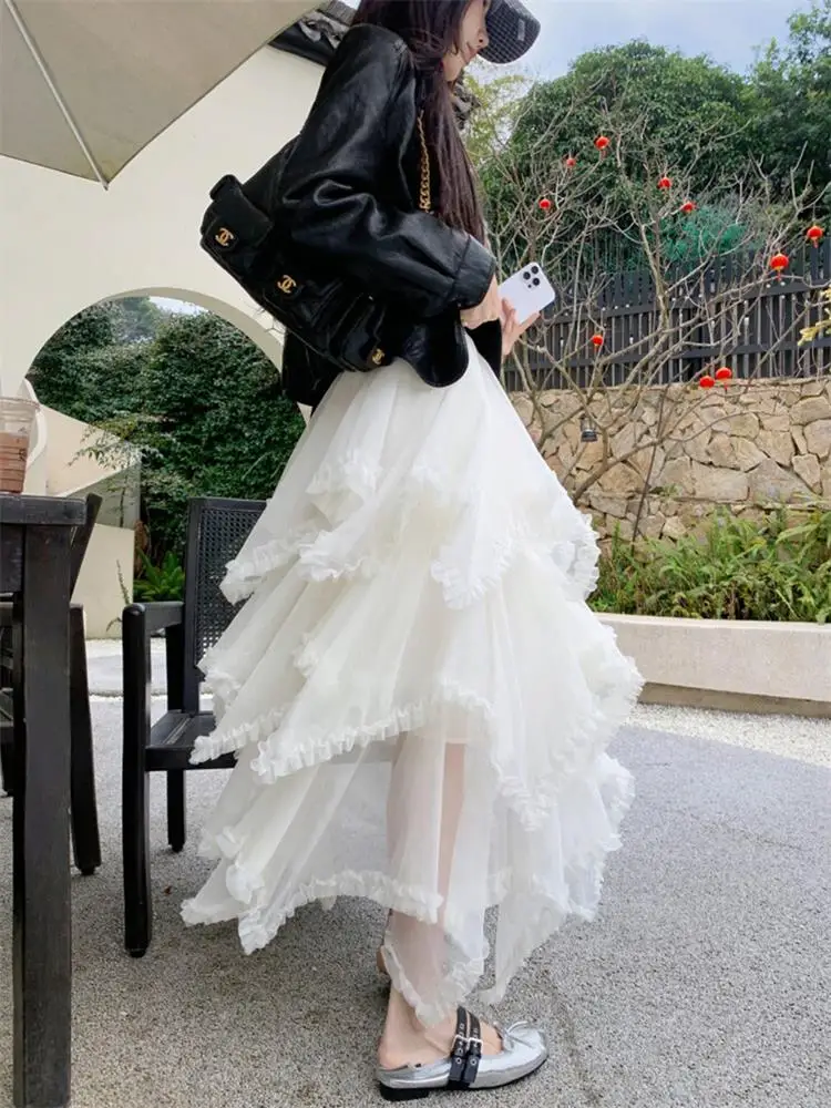 

Новая белая асимметричная юбка с эффектом дерева, летняя пышная сетчатая юбка А-силуэта с высокой талией в корейском стиле для повседневной носки, коллекция 2026 года