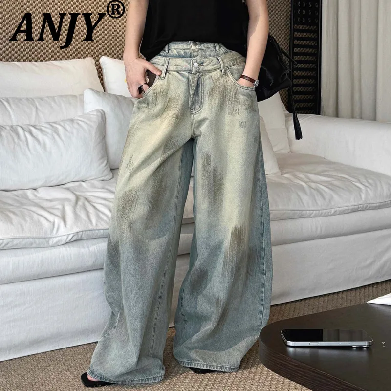 ANJY Spring Autumn New Women American Style Waste Land Double-Waist Designs Distressed Washed Denim Casual Wide Leg Pants A22451